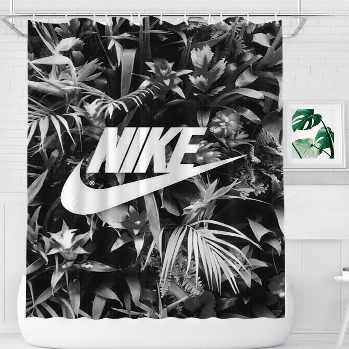 Nike Flowers Black White Bathroom Shower Curtain Fabric Waterproof | 66 X 72 Inch