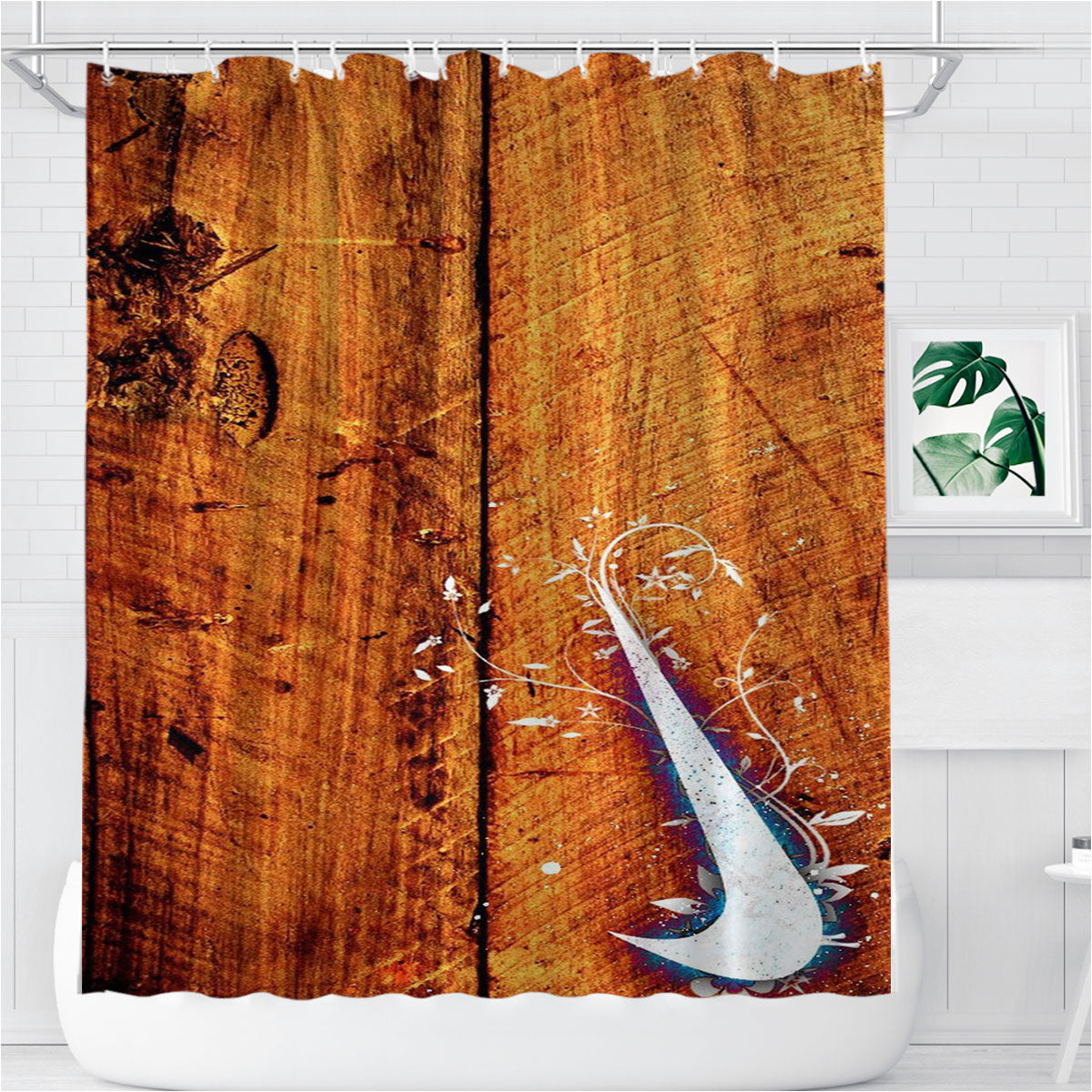 Nike Logo In Wood Bathroom Shower Curtain Fabric Waterproof | 66 X 72 Inch