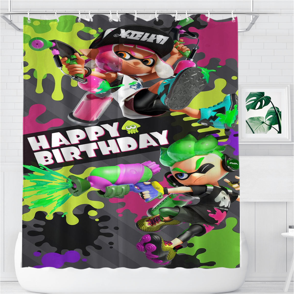 Nintendo Birthday Wallpaper Bathroom Shower Curtain Fabric Waterproof | 66 X 72 Inch