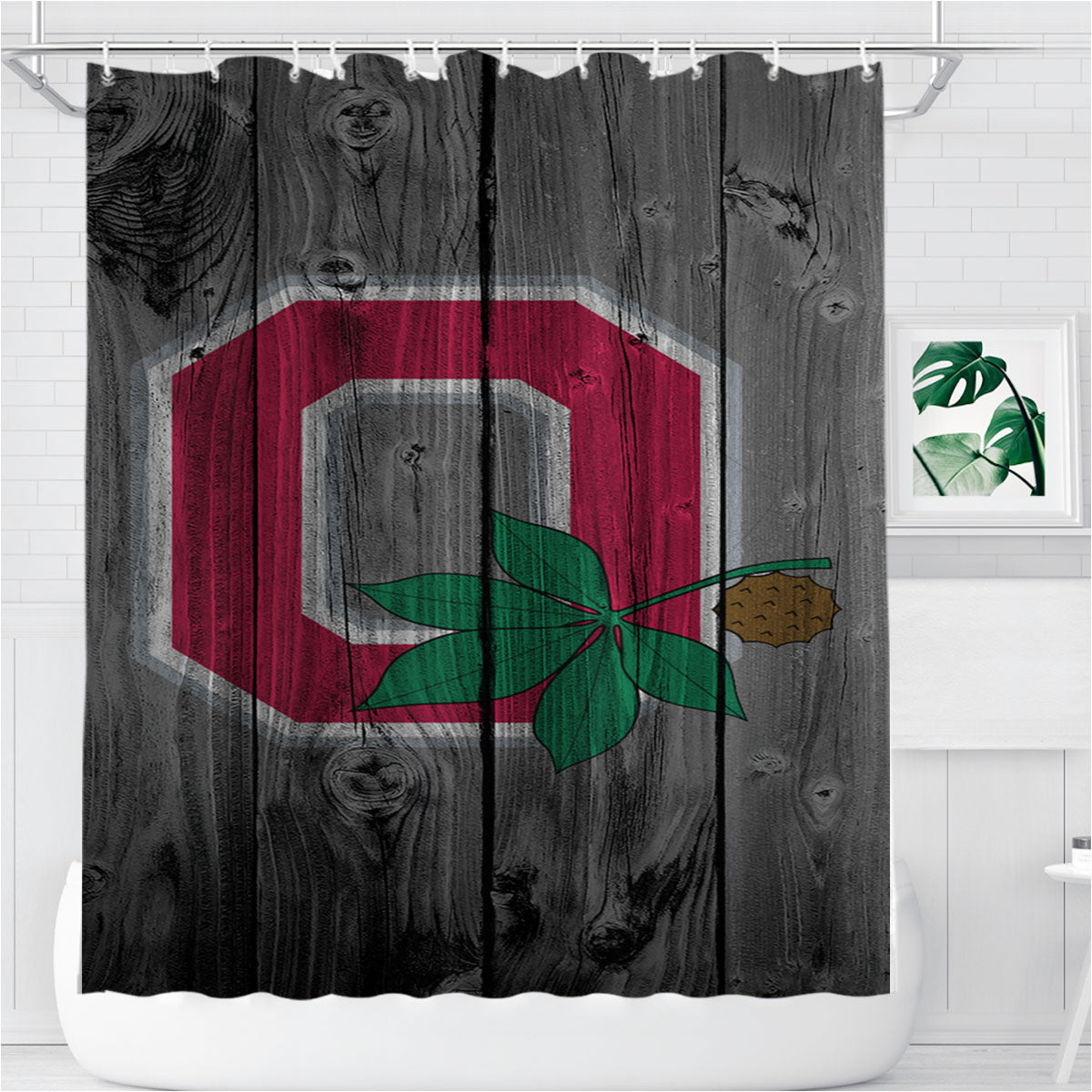 Ohio State Logo Dark Wood Wallpaper Bathroom Shower Curtain Fabric Waterproof | 66 X 72 Inch