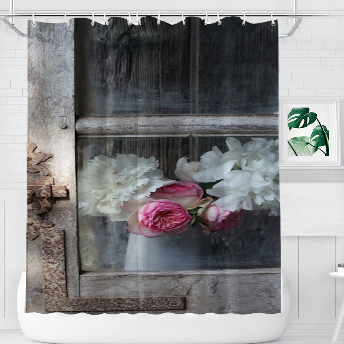 Old Window With Flowers Bathroom Shower Curtain Fabric Waterproof | 66 X 72 Inch