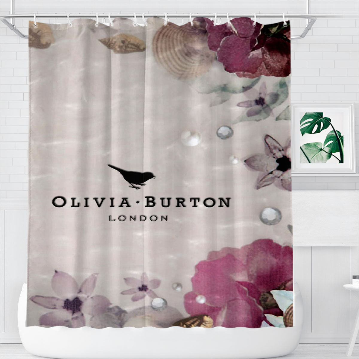 Olivia Burton London Flower Purple Pink Bathroom Shower Curtain Fabric Waterproof | 66 X 72 Inch