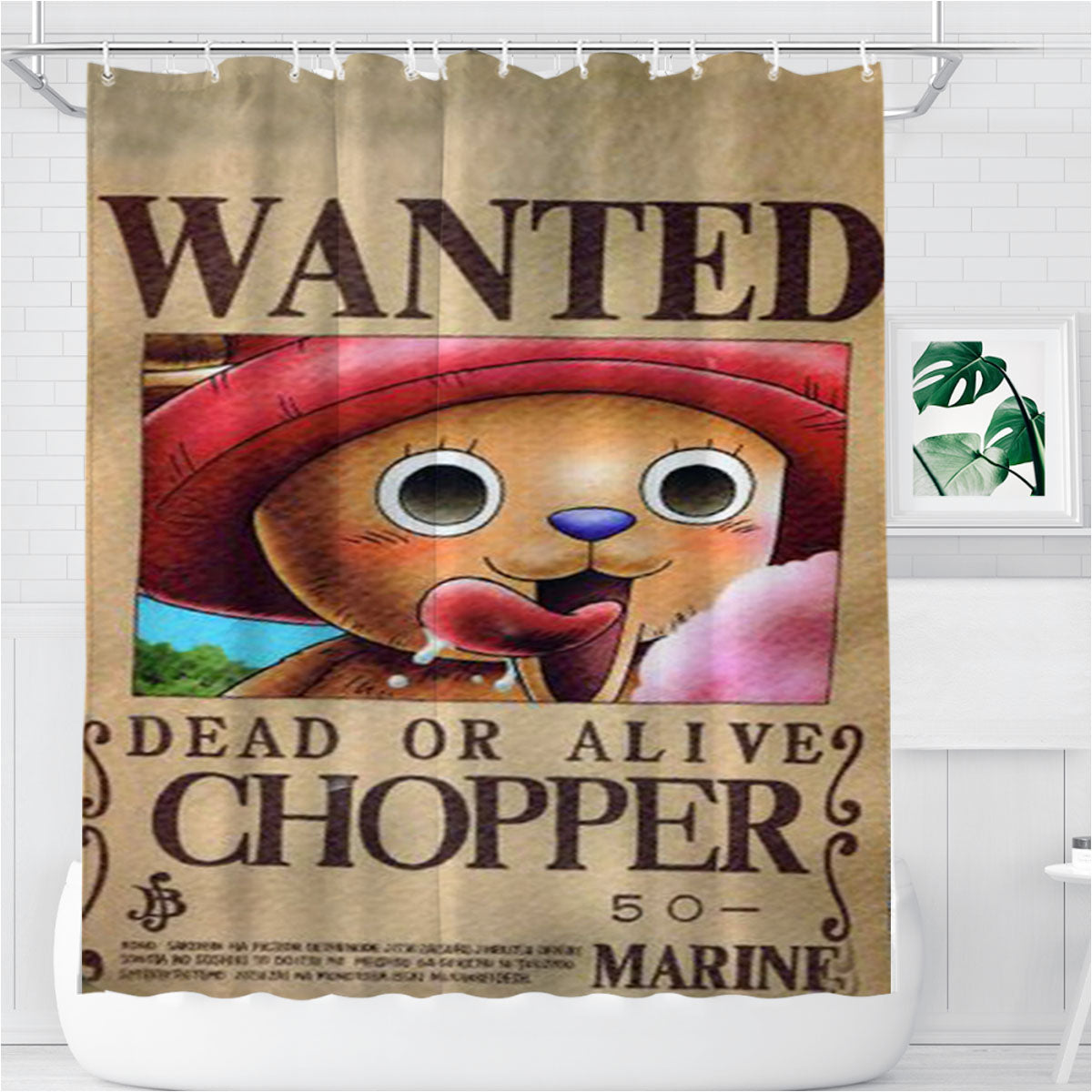 One Piece Chopper Wanted Poster Bathroom Shower Curtain Fabric Waterproof | 66 X 72 Inch