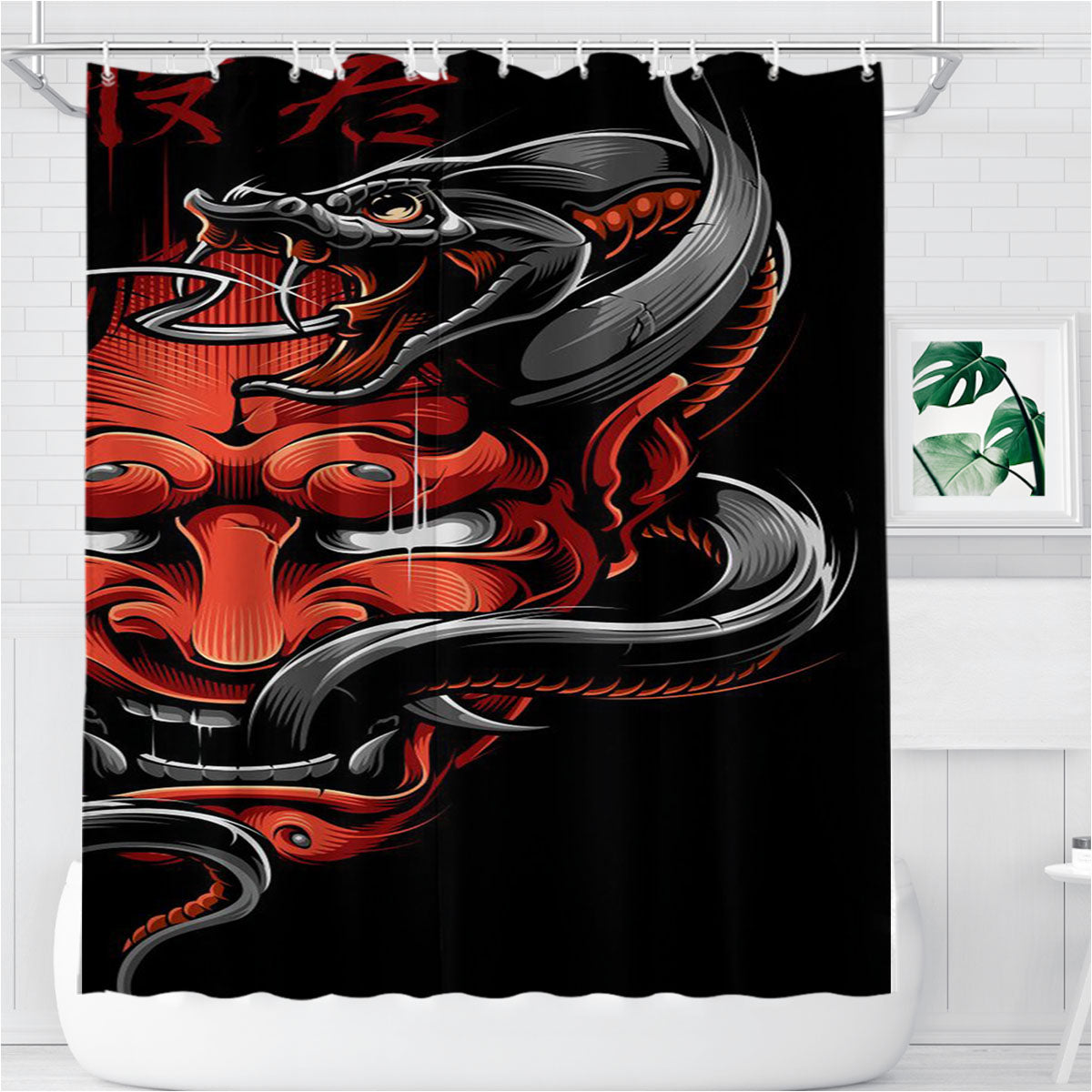 Oni Mask And Snake Pattern Bathroom Shower Curtain Fabric Waterproof | 66 X 72 Inch