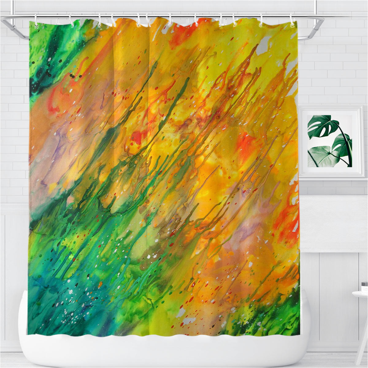 Orange And Green Crayon Abstract Painting Melted Bathroom Shower Curtain Fabric Waterproof | 66 X 72 Inch