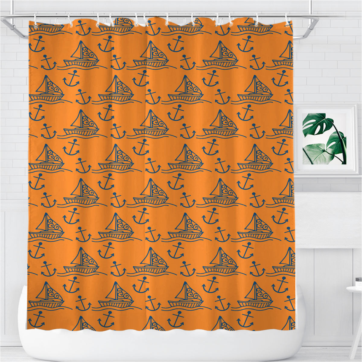 Orange Blue Sailor Ship Pattern Bathroom Shower Curtain Fabric Waterproof | 66 X 72 Inch