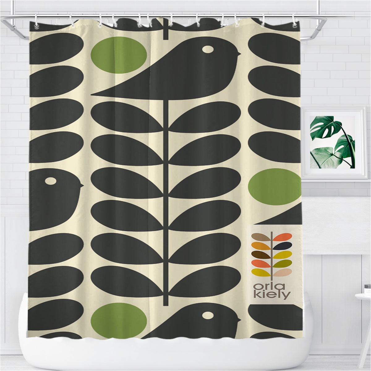 Orla Kiely Early Bird Monogram Pattern Bathroom Shower Curtain Fabric Waterproof | 66 X 72 Inch