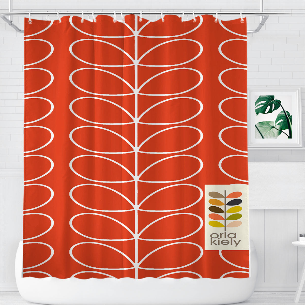 Orla Kiely Orange Linear Stem Poppy Bathroom Shower Curtain Fabric Waterproof | 66 X 72 Inch