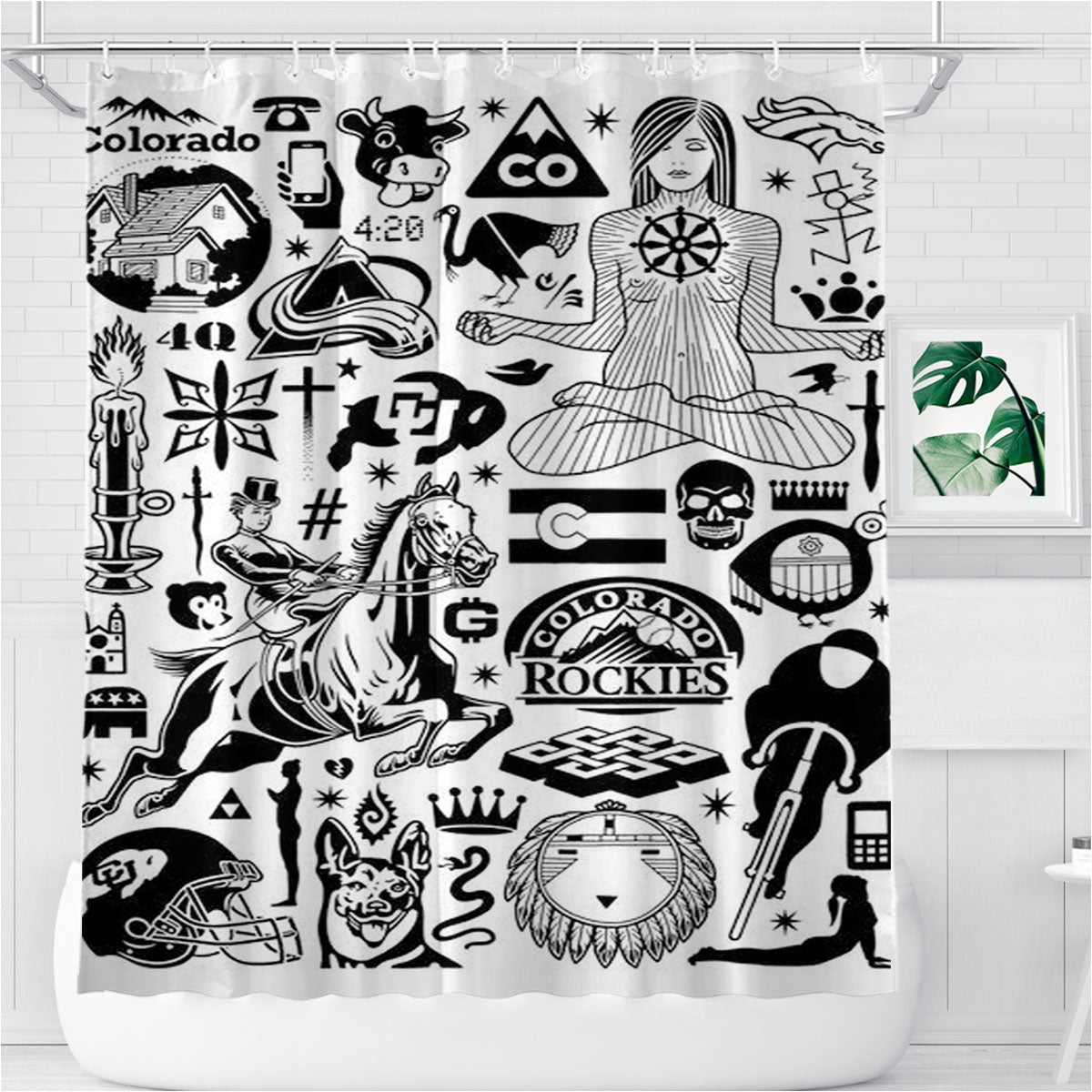 Pattern Black Tattoo Medicine Style Bathroom Shower Curtain Fabric Waterproof | 66 X 72 Inch