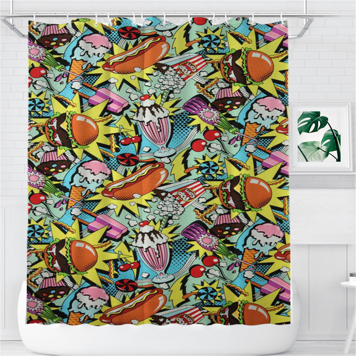 Pattern Candle Pop Burger Bathroom Shower Curtain Fabric Waterproof | 66 X 72 Inch