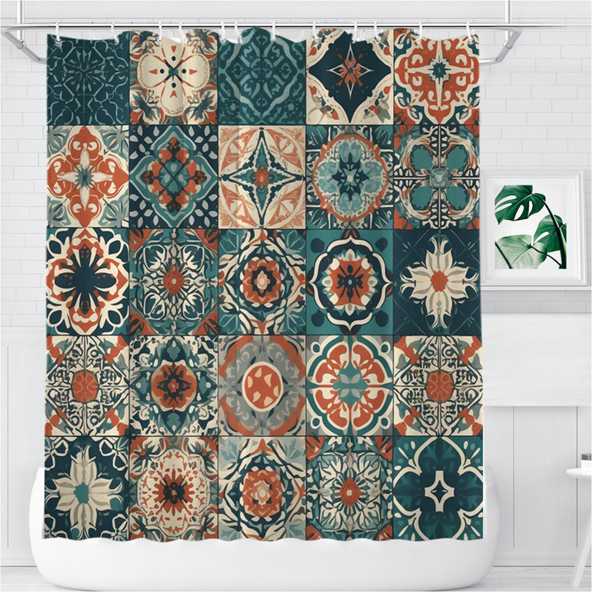 Patterns With A Traditional Spanish Tile Bathroom Shower Curtain Fabric Waterproof | 66 X 72 Inch