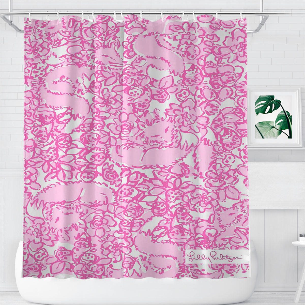 Pink Fox Pattern Art Wallpaper Lilly Pulitzer Bathroom Shower Curtain Fabric Waterproof | 66 X 72 Inch