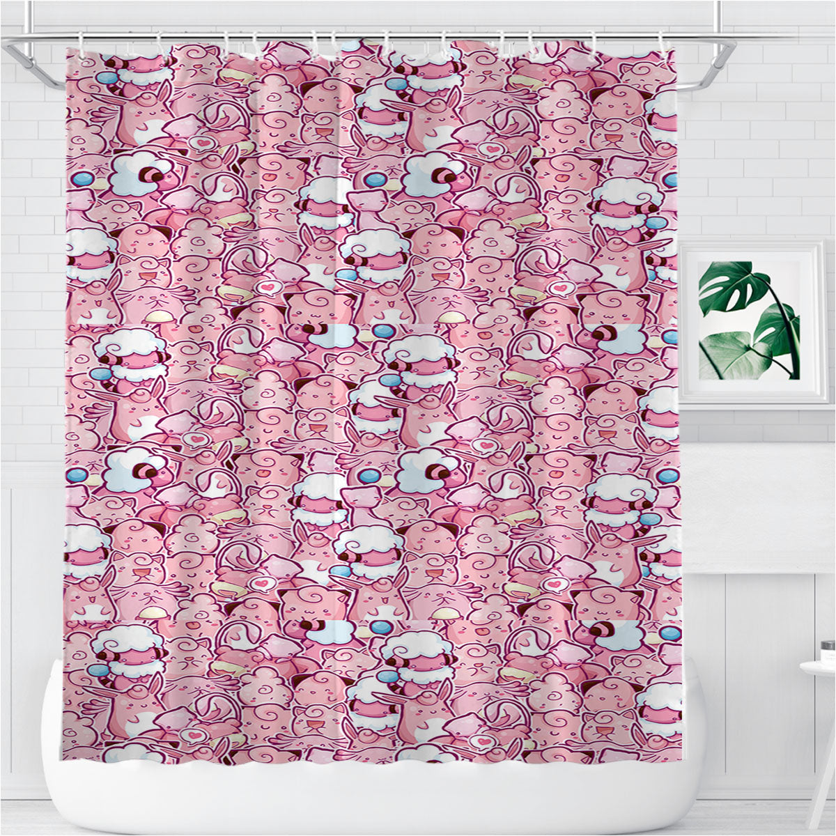 Pink Pokemon Pattern Collection Bathroom Shower Curtain Fabric Waterproof | 66 X 72 Inch