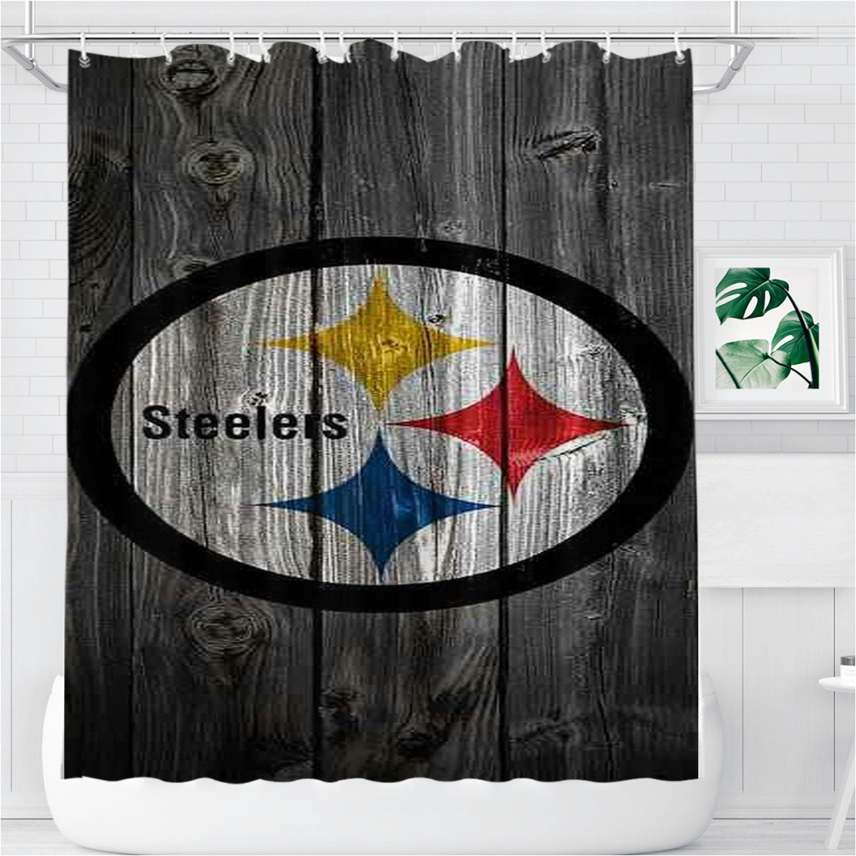 Pittsburgh Steelers Wooden Texture Logo Bathroom Shower Curtain Fabric Waterproof | 66 X 72 Inch