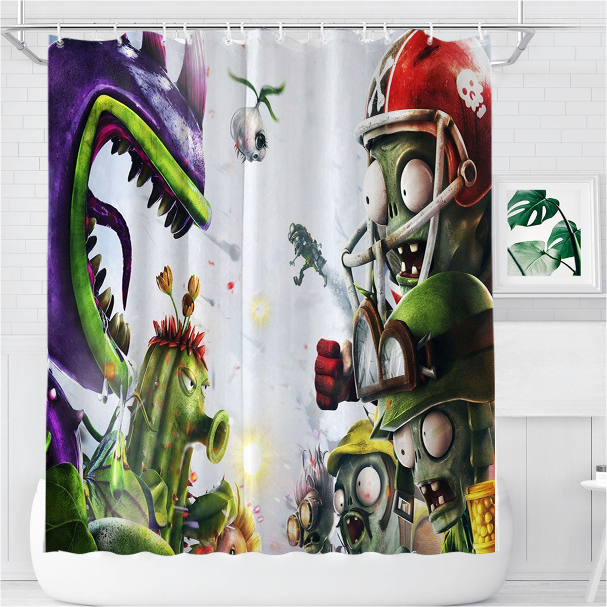 Plants Vs Zombies War Game Art Bathroom Shower Curtain Fabric Waterproof | 66 X 72 Inch