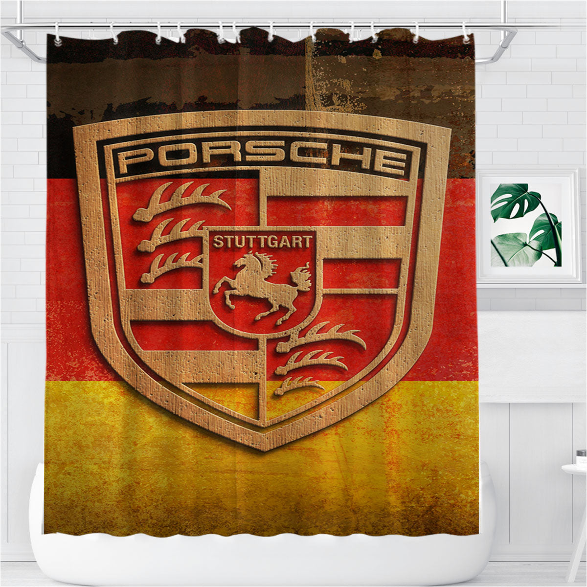 Plywood Porsche Logo Bathroom Shower Curtain Fabric Waterproof | 66 X 72 Inch