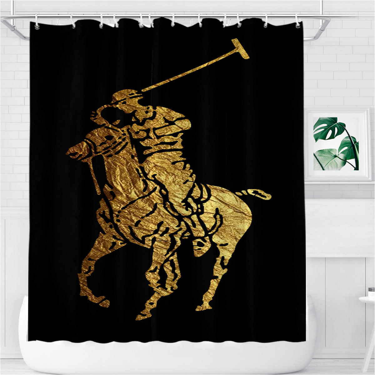 Polo Ralph Lauren Black Gold Logo Bathroom Shower Curtain Fabric Waterproof | 66 X 72 Inch