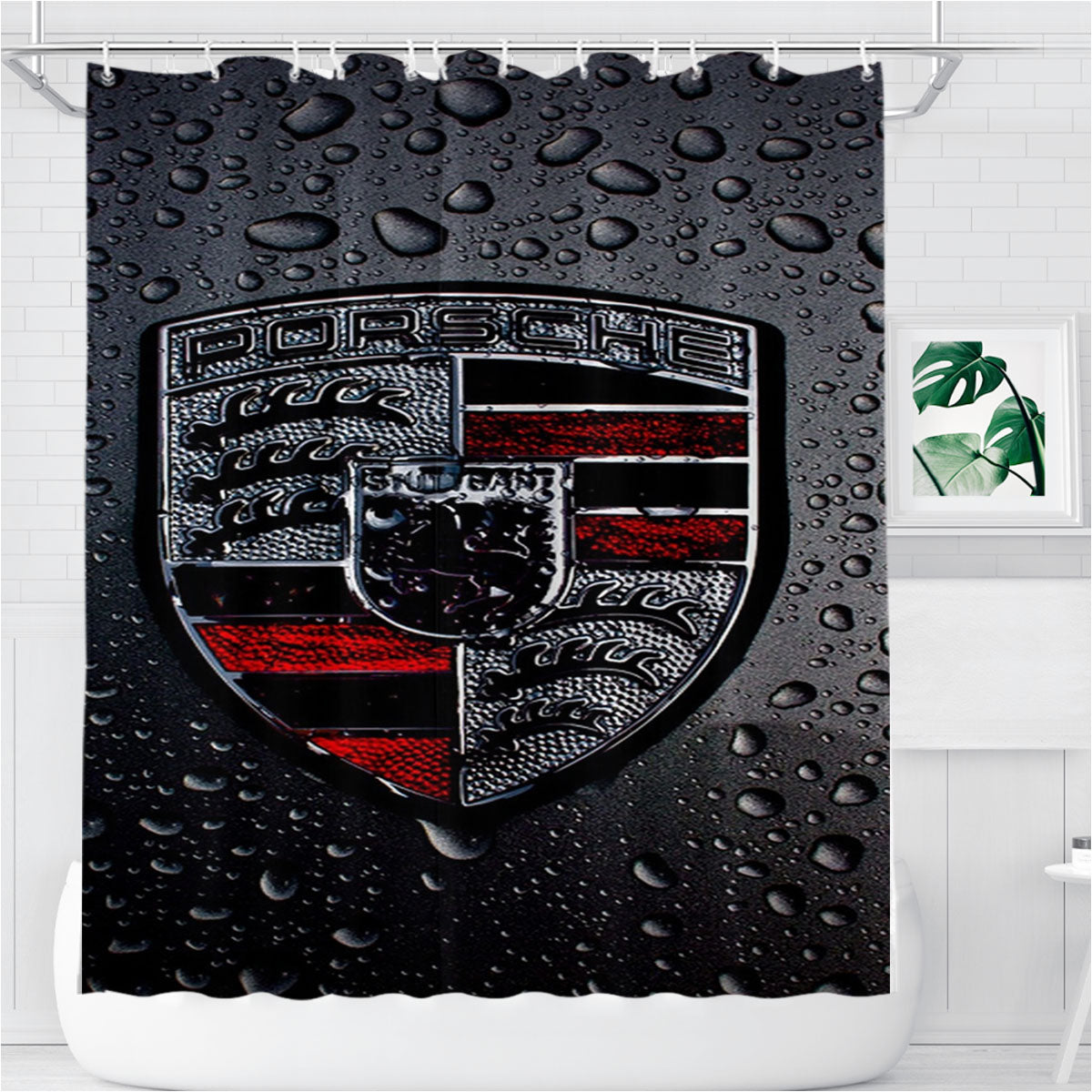 Porsche Black Rain Logo Bathroom Shower Curtain Fabric Waterproof | 66 X 72 Inch