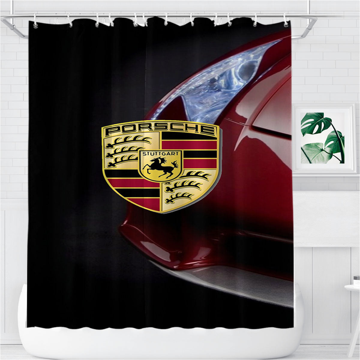Porsche Car Emblem Art Bathroom Shower Curtain Fabric Waterproof | 66 X 72 Inch