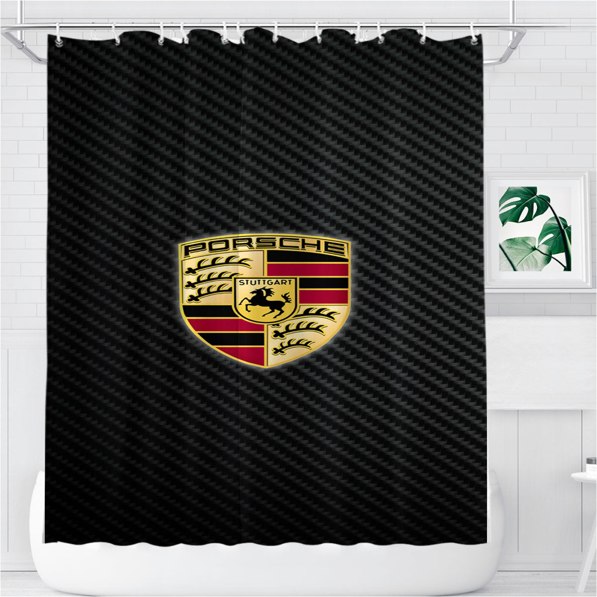 Porsche Logo Carbon Bathroom Shower Curtain Fabric Waterproof | 66 X 72 Inch