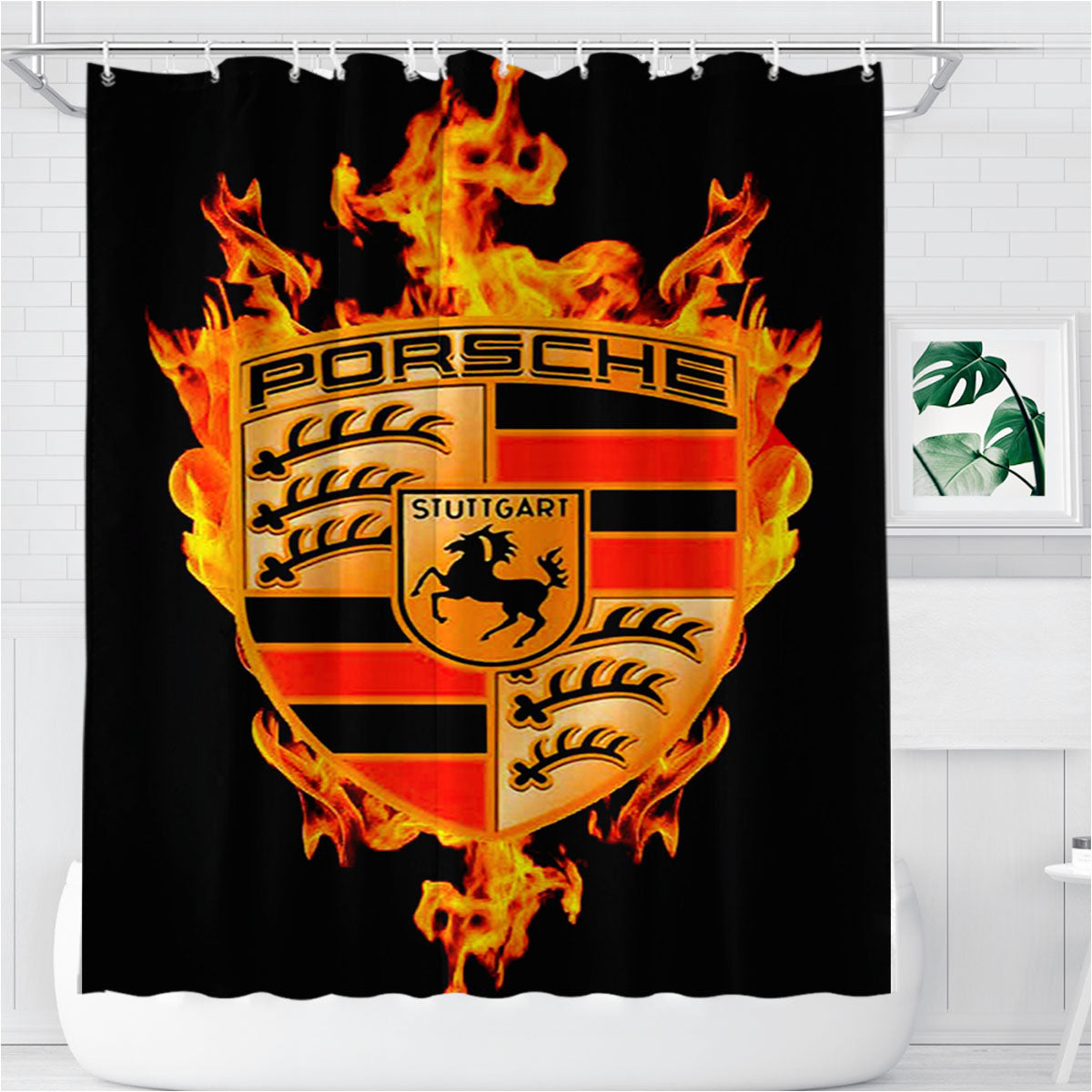 Porsche Logo Decals Fire Bathroom Shower Curtain Fabric Waterproof | 66 X 72 Inch