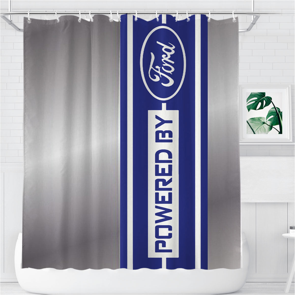 Powered By Ford Silver Plate Bathroom Shower Curtain Fabric Waterproof | 66 X 72 Inch