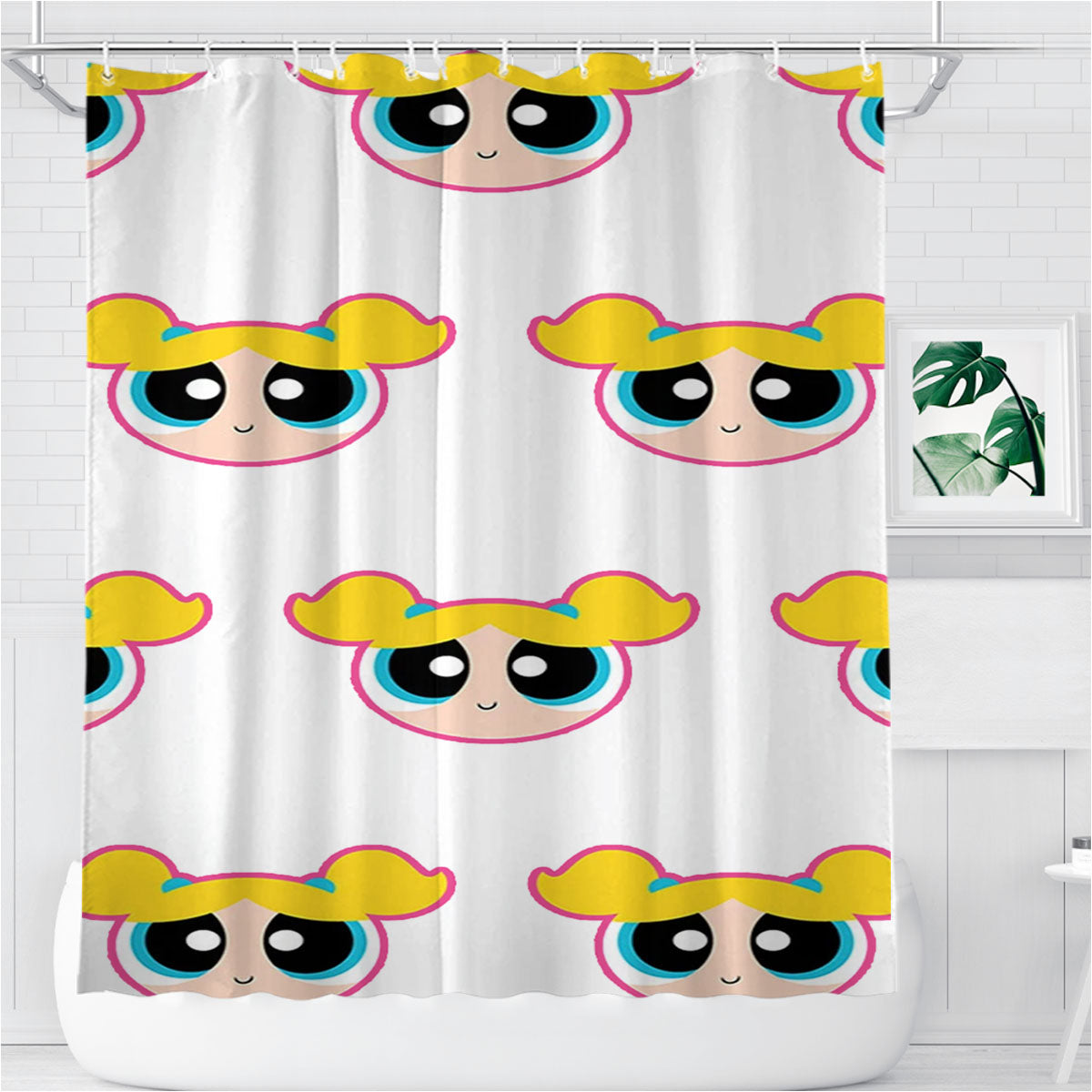Powerpuff Girls Bubbles Head Pattern Bathroom Shower Curtain Fabric Waterproof | 66 X 72 Inch