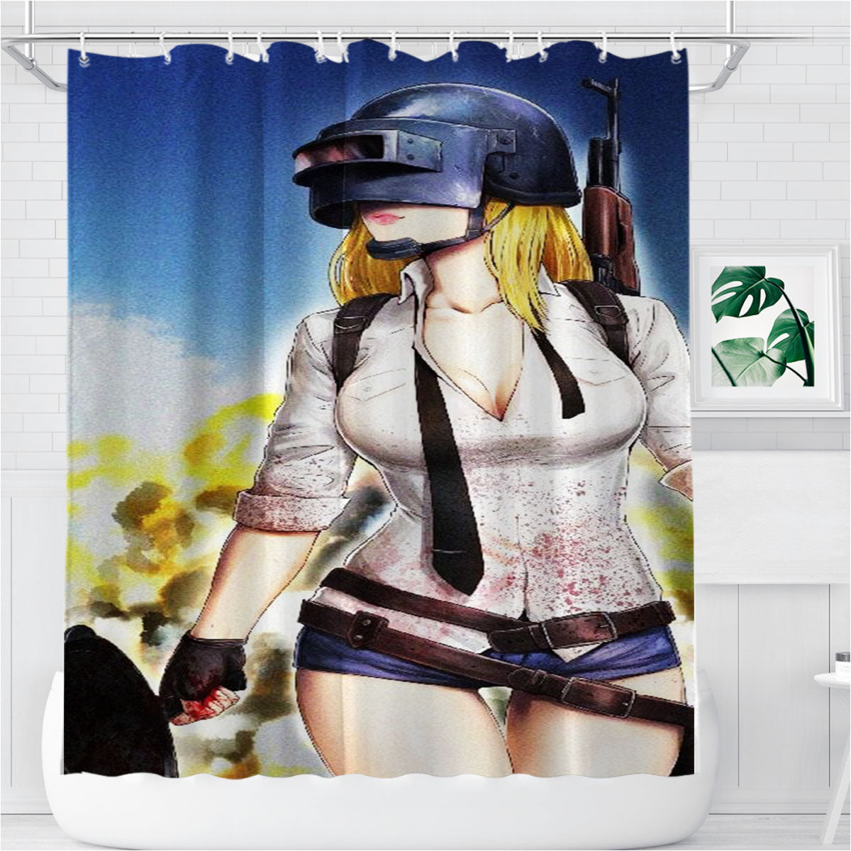 Pubg Helmet Girl Bathroom Shower Curtain Fabric Waterproof | 66 X 72 Inch