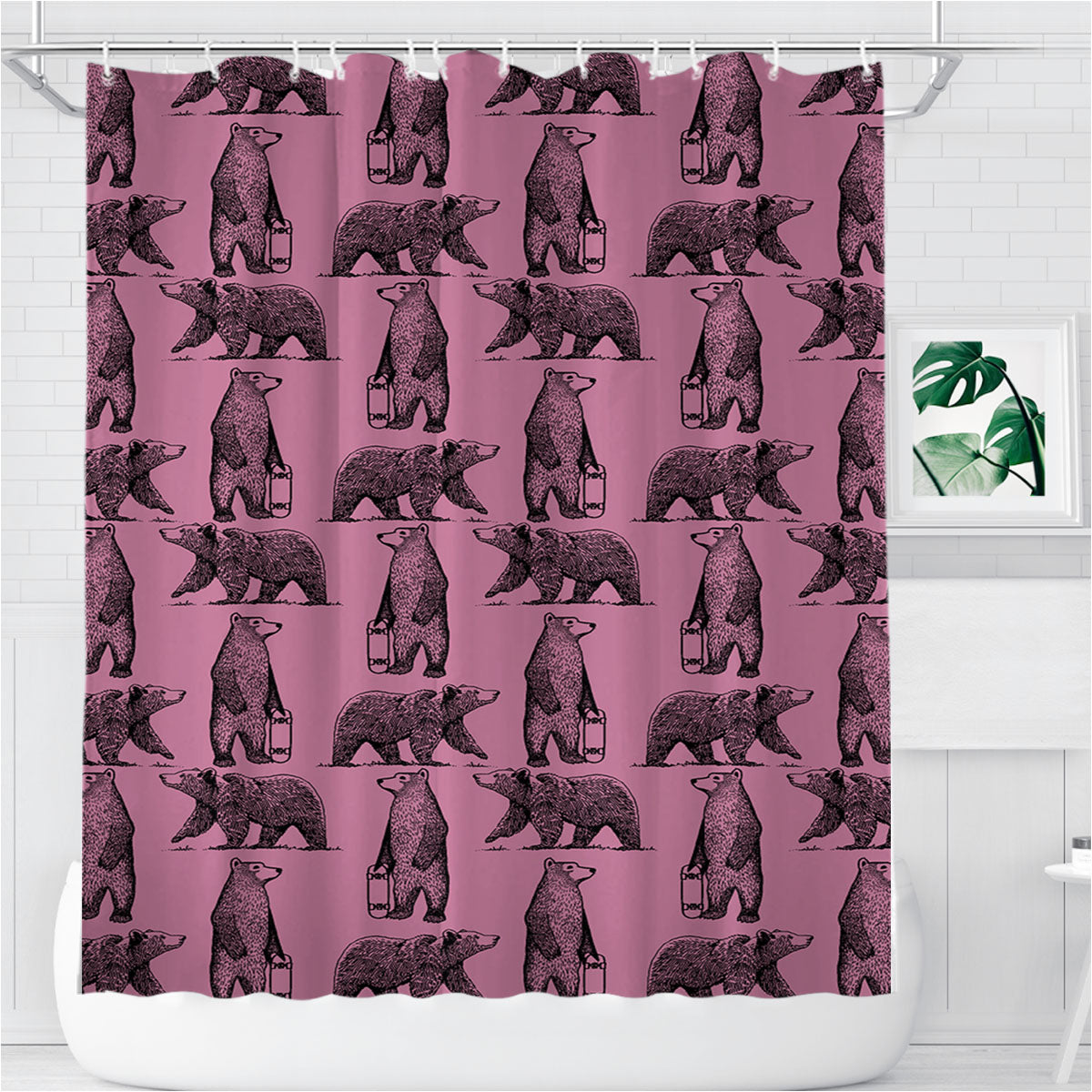 Purple And Black Skate Bear Illustrations Pattern Bathroom Shower Curtain Fabric Waterproof | 66 X 72 Inch