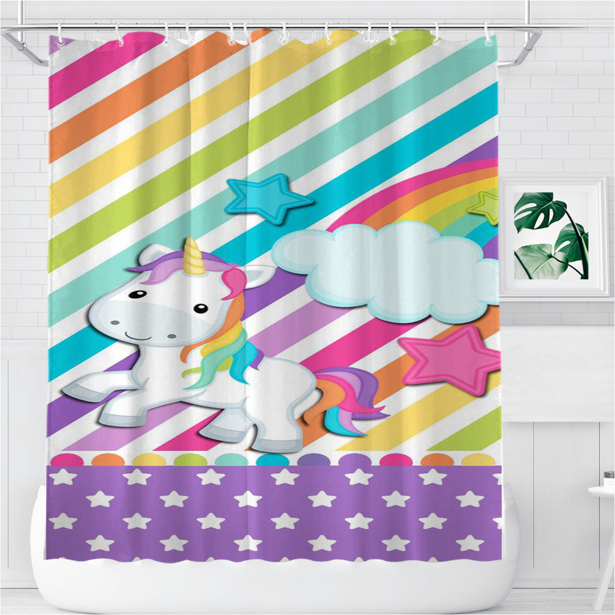 Rainbow Unicorn Stripe Colorfull Bathroom Shower Curtain Fabric Waterproof | 66 X 72 Inch