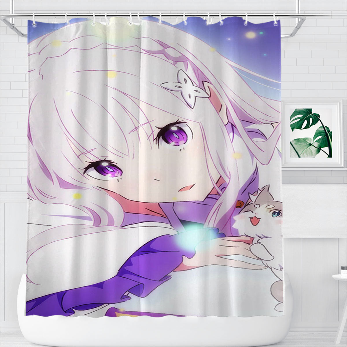 Re-Zero Emilia White Hair Anime Girl Bathroom Shower Curtain Fabric Waterproof | 66 X 72 Inch
