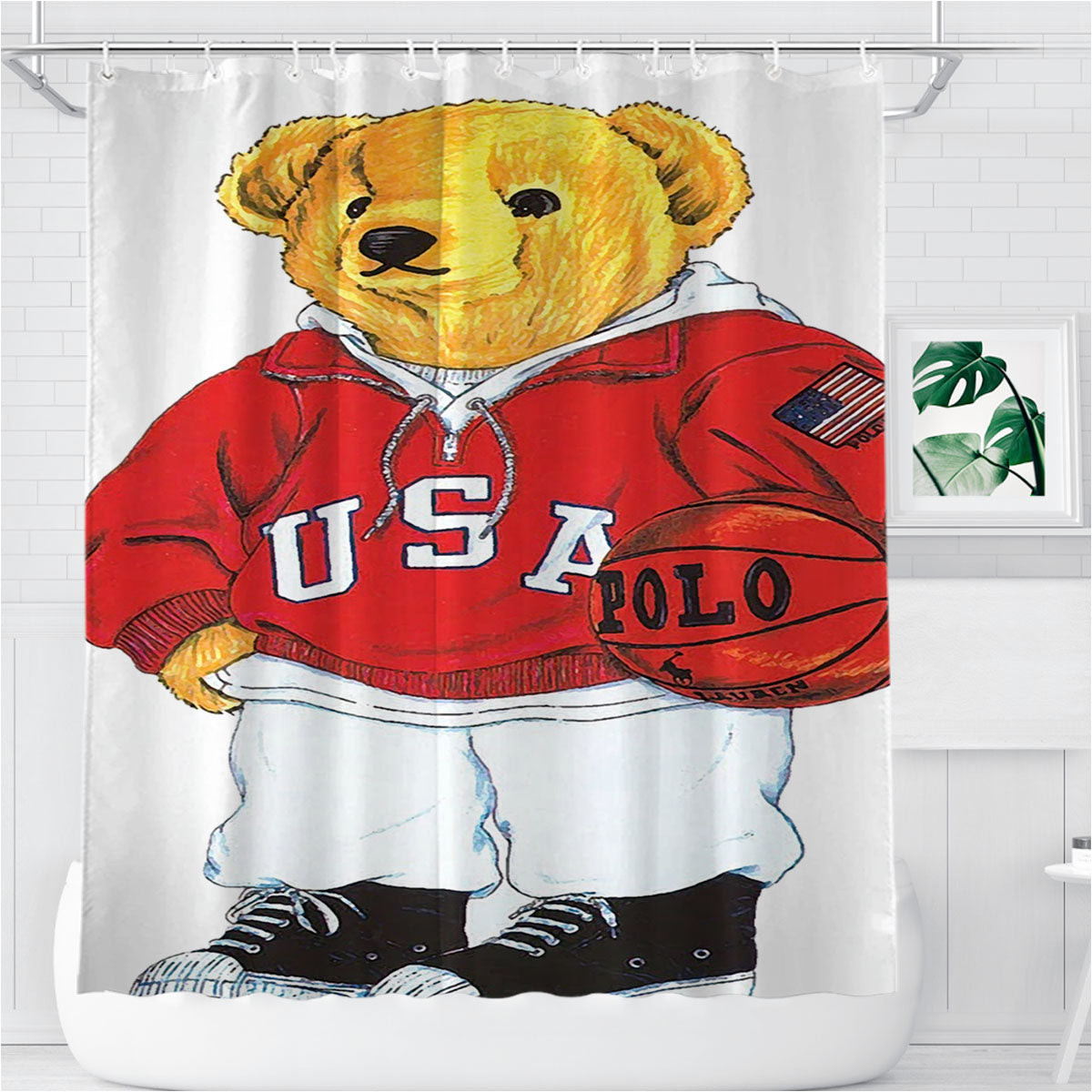 Red Basket Jacket Polo Bear Bathroom Shower Curtain Fabric Waterproof | 66 X 72 Inch
