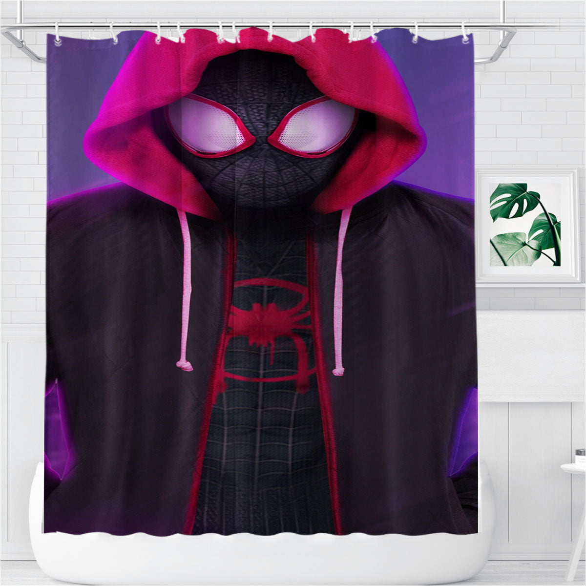 Red Black Spiderman Kid Hoodies Into The Verse Bathroom Shower Curtain Fabric Waterproof | 66 X 72 Inch