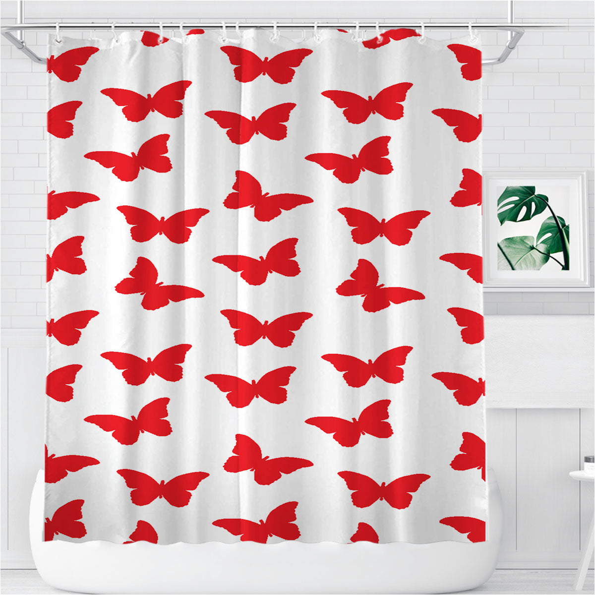 Red Butterfly Pattern Bathroom Shower Curtain Fabric Waterproof | 66 X 72 Inch