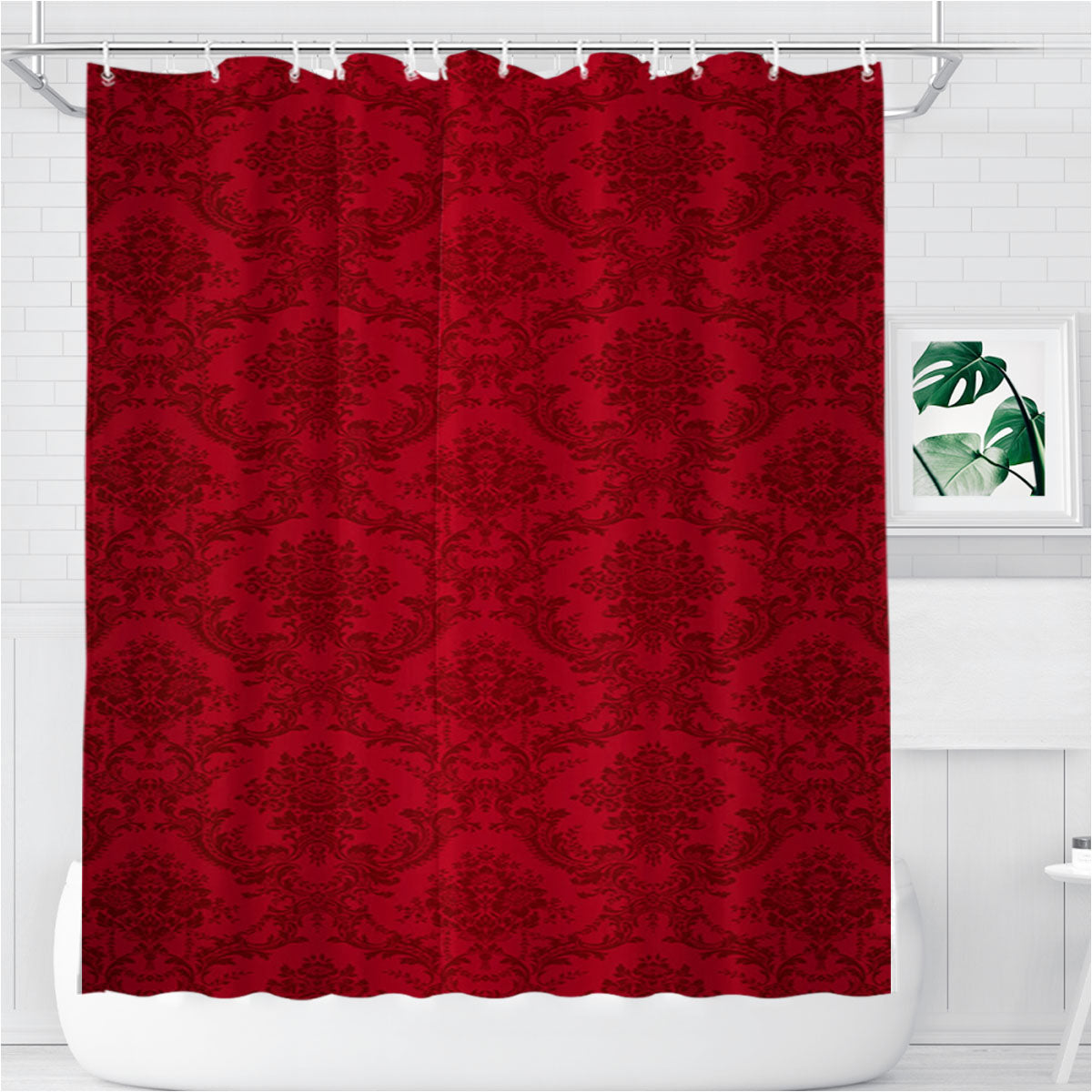 Red Damask Pattern Bathroom Shower Curtain Fabric Waterproof | 66 X 72 Inch