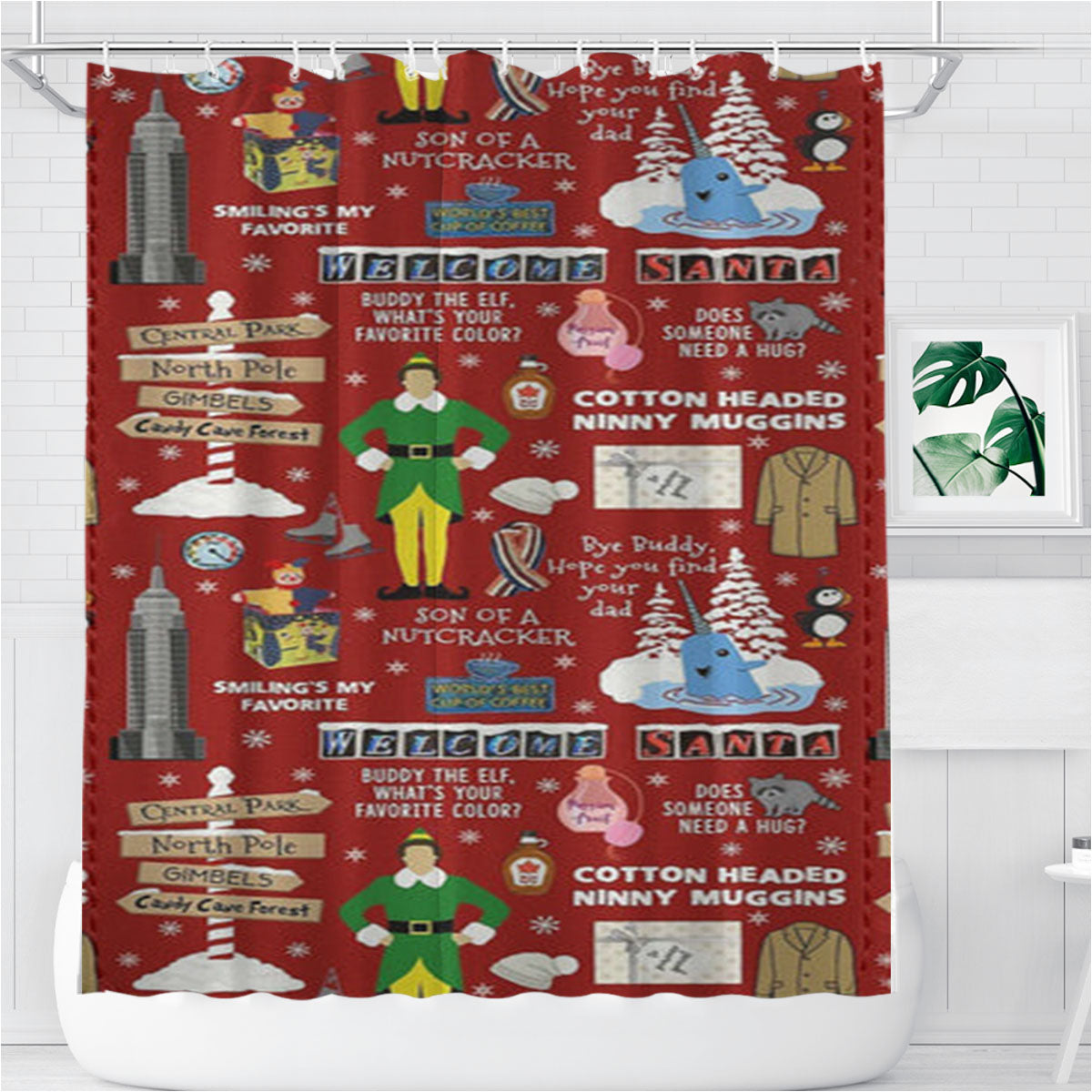 Red Elf Pattern Bathroom Shower Curtain Fabric Waterproof | 66 X 72 Inch