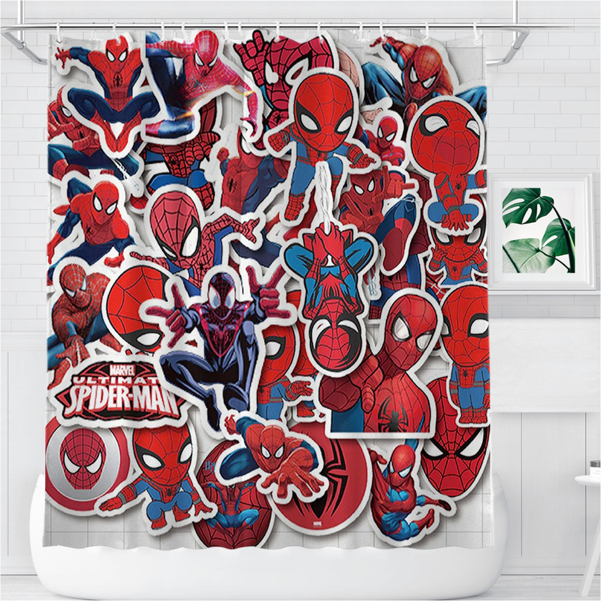 Red Spiderman Cartoon Movie Comic Sticker Collection Bathroom Shower Curtain Fabric Waterproof | 66 X 72 Inch