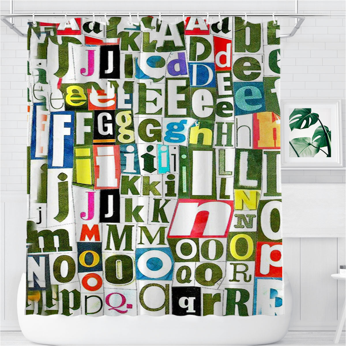 Retro Alphabet Green Collage Bathroom Shower Curtain Fabric Waterproof | 66 X 72 Inch