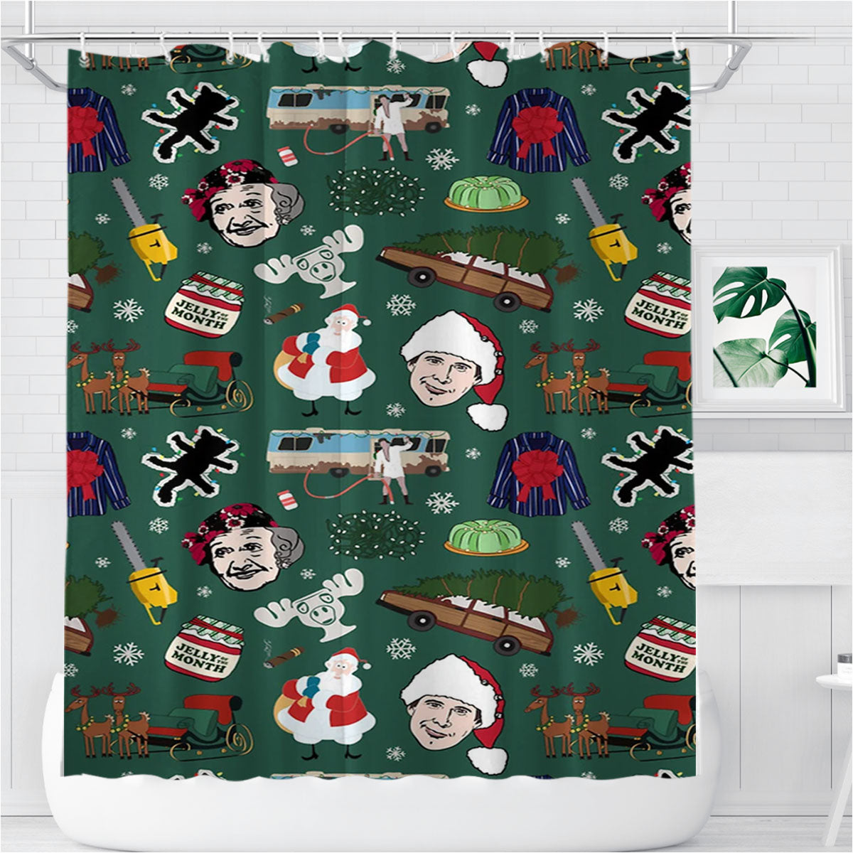 Retro Vintage Family Holiday Green Christmas Vacation Bathroom Shower Curtain Fabric Waterproof | 66 X 72 Inch