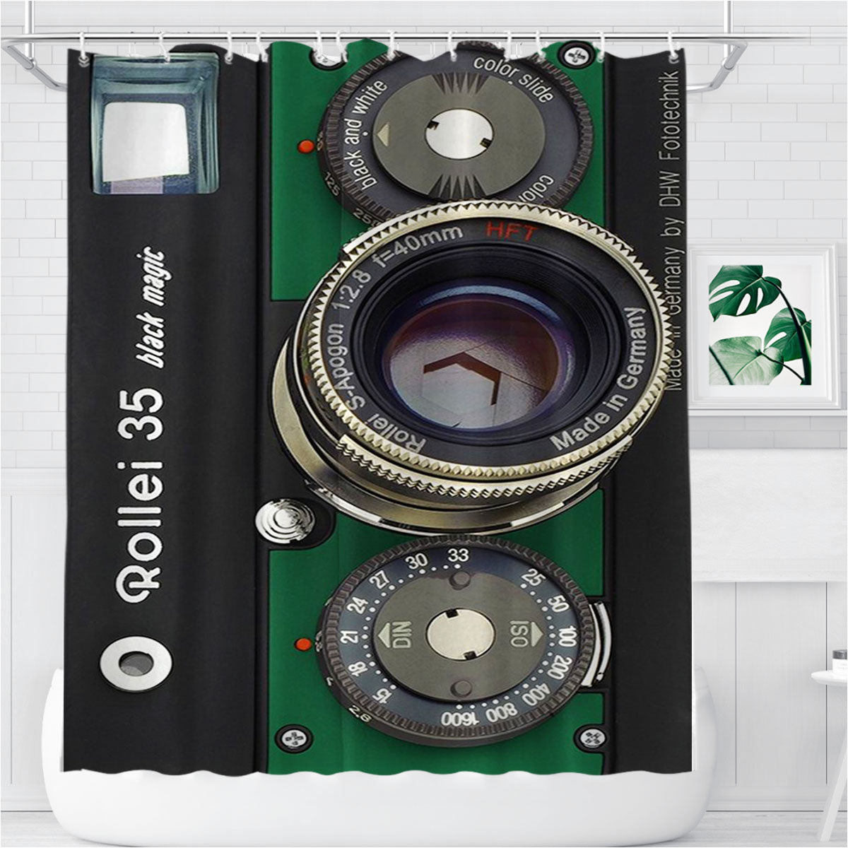 Rollei 5 Black Magic Green Retro Camera Bathroom Shower Curtain Fabric Waterproof | 66 X 72 Inch