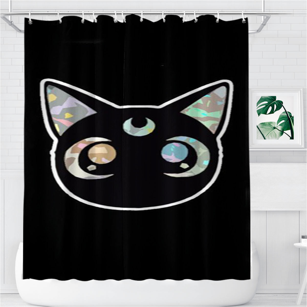 Sailor Moon Holographic Luna Cat Sparkle Anime Bathroom Shower Curtain Fabric Waterproof | 66 X 72 Inch