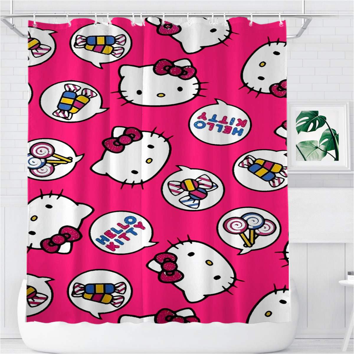 Sanrio Hello Kitty Pink Wallpaper Bathroom Shower Curtain Fabric Waterproof | 66 X 72 Inch