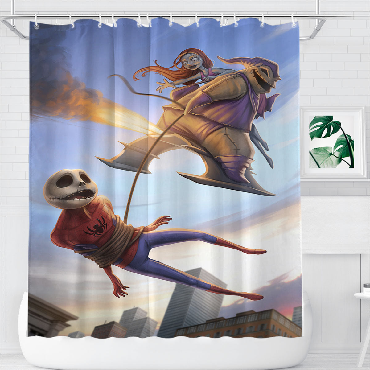 Saving Sally Jack Skellington Spiderman Bathroom Shower Curtain Fabric Waterproof | 66 X 72 Inch