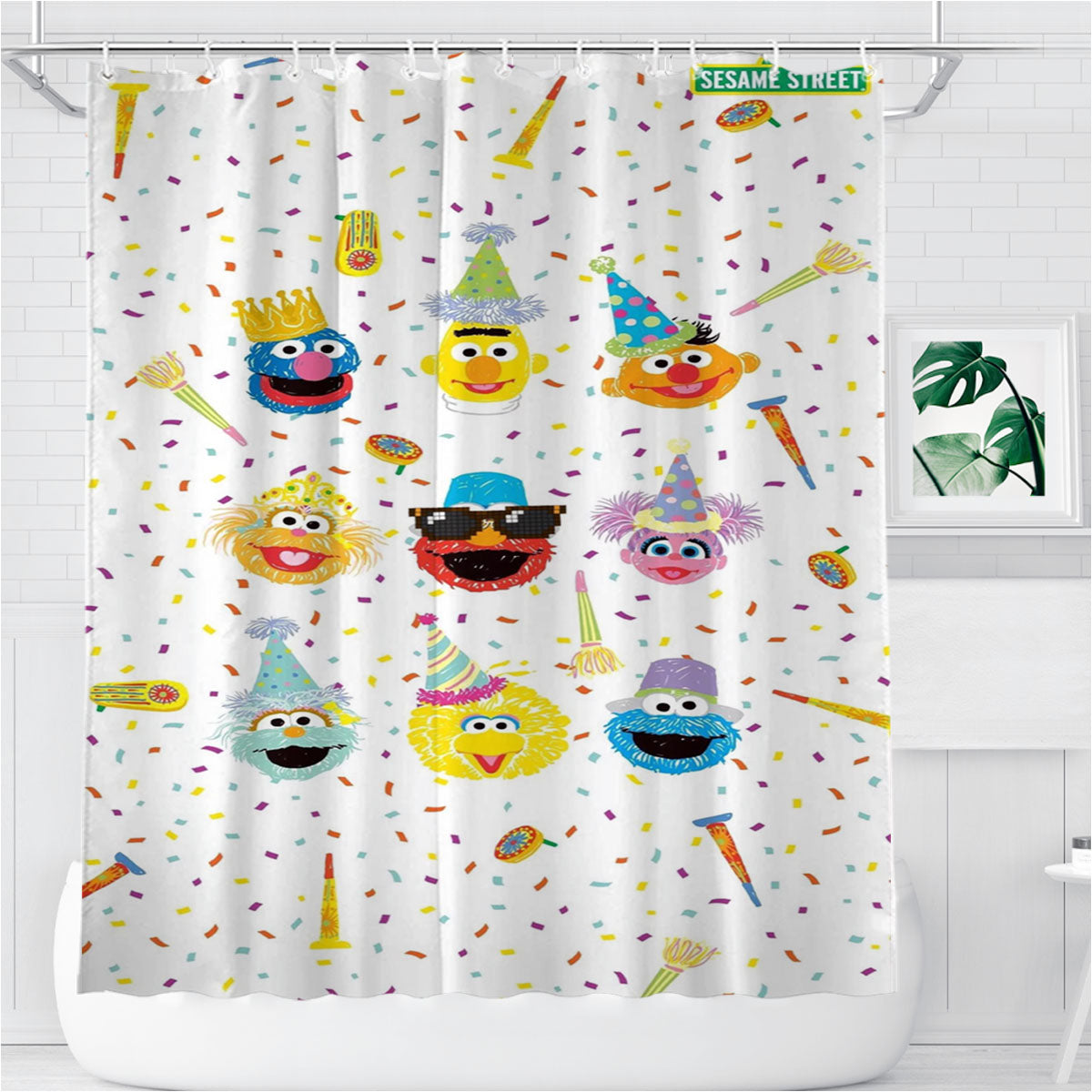 Sesame Street Wallpaper Pattern Bathroom Shower Curtain Fabric Waterproof | 66 X 72 Inch