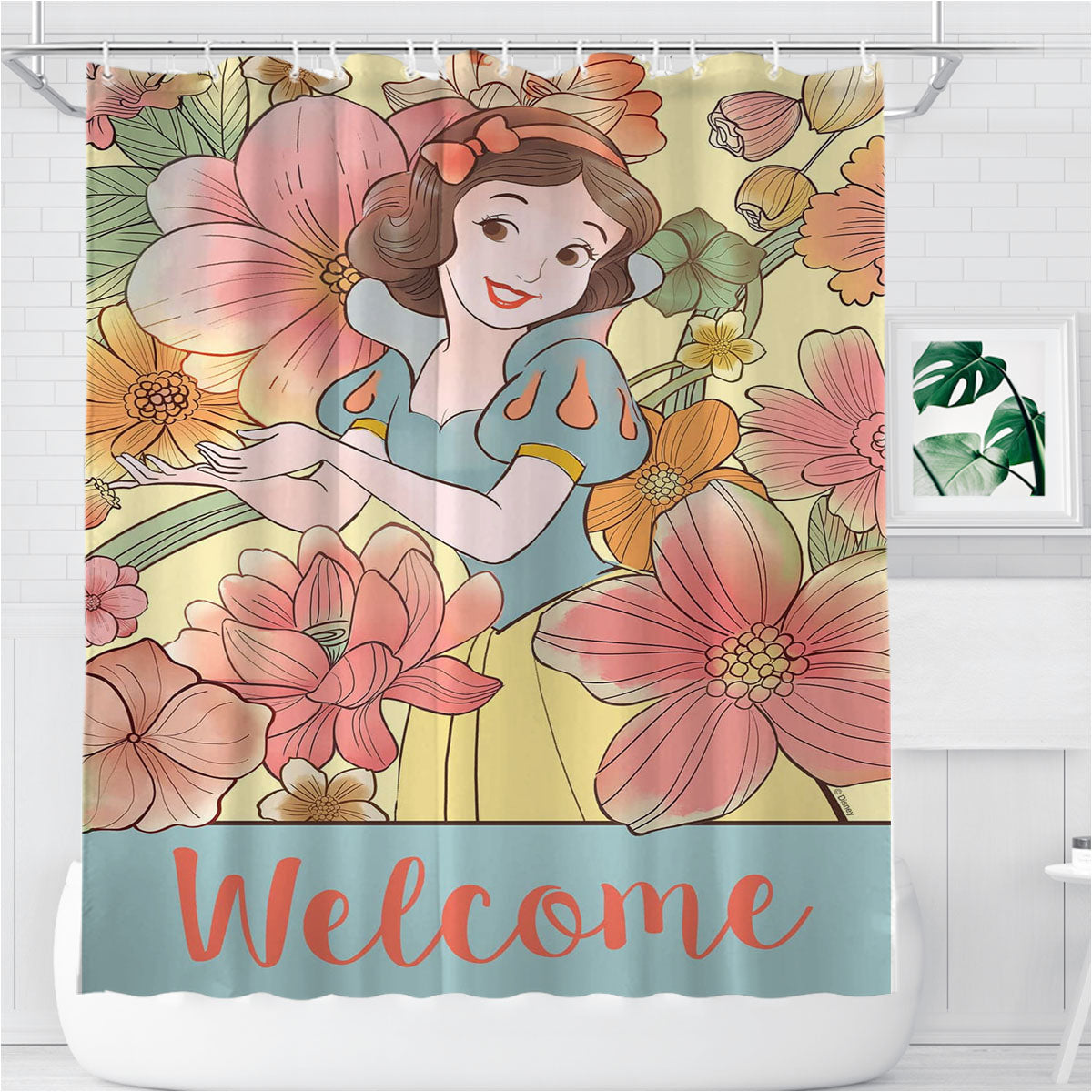 Snow White Floral Welcome Bathroom Shower Curtain Fabric Waterproof | 66 X 72 Inch