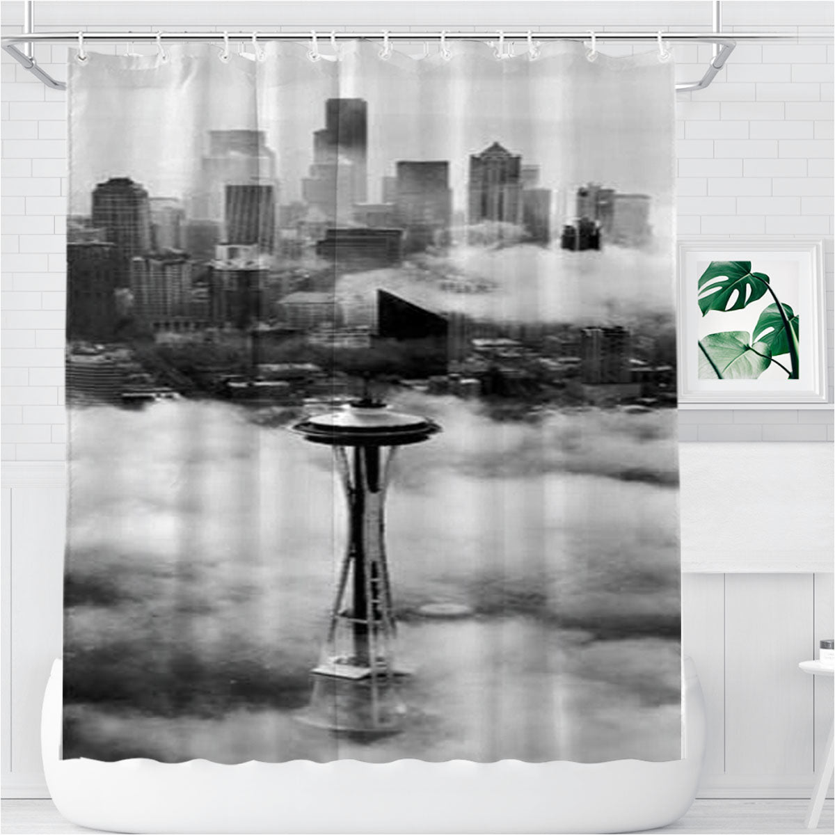 Space Needle Clouds Bathroom Shower Curtain Fabric Waterproof | 66 X 72 Inch