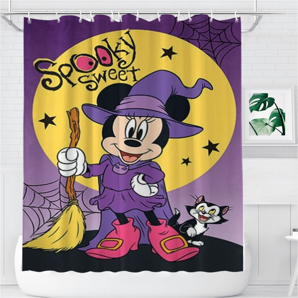 Spooky Sweet Minnie Figaro Bathroom Shower Curtain Fabric Waterproof | 66 X 72 Inch