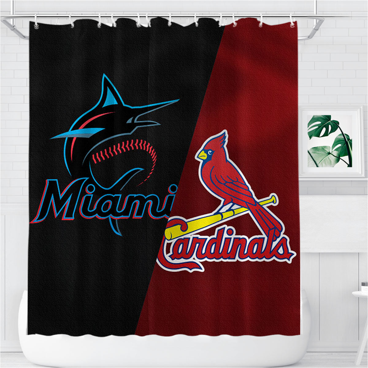 St Louis Cardinals X Miami Marlins Emblem Bathroom Shower Curtain Fabric Waterproof | 66 X 72 Inch