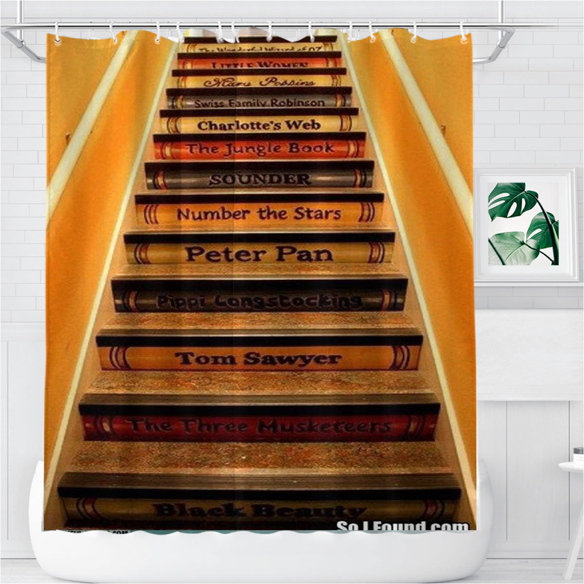 Stairs Bookshelf Bathroom Shower Curtain Fabric Waterproof | 66 X 72 Inch