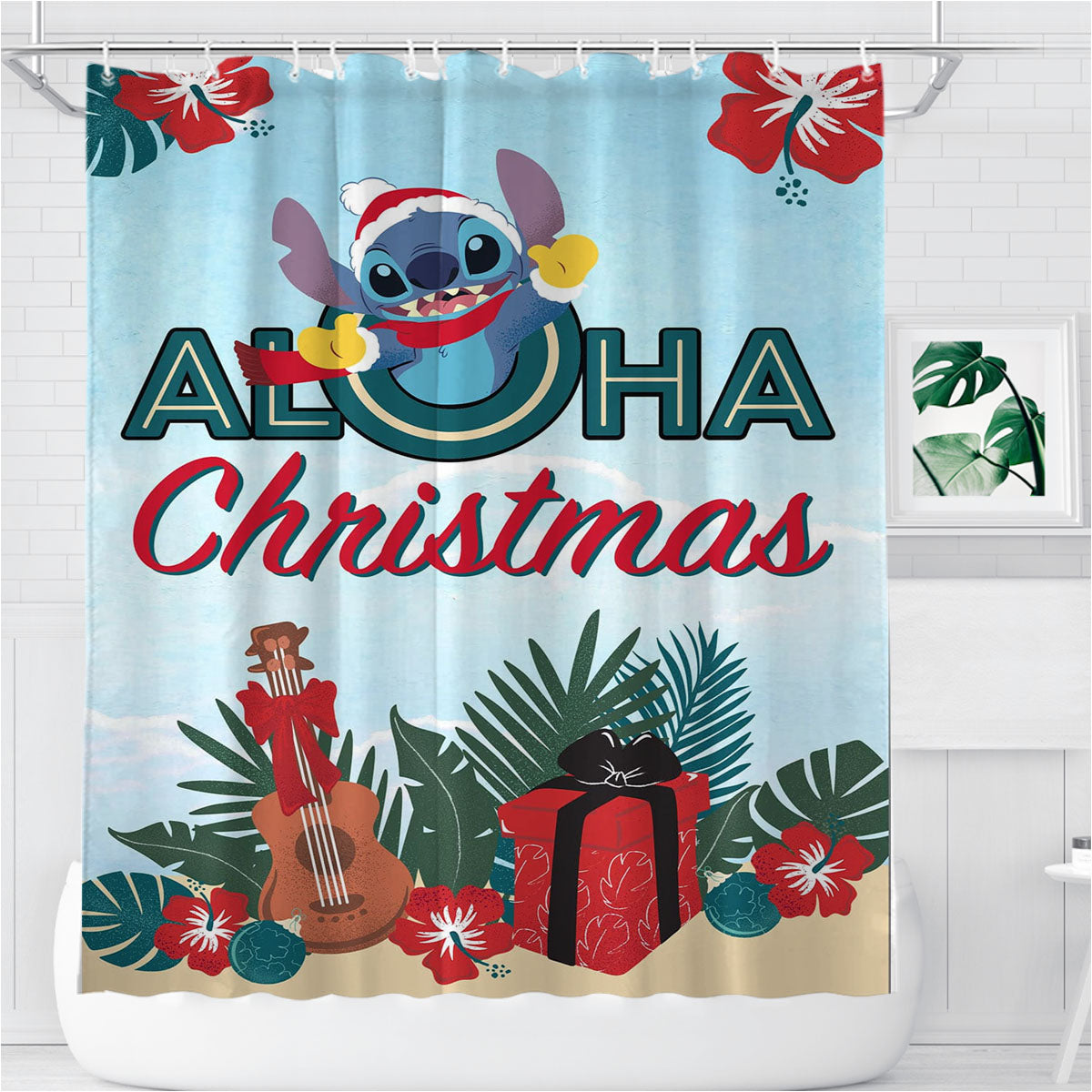 Stitch Aloha Christmas Bathroom Shower Curtain Fabric Waterproof | 66 X 72 Inch